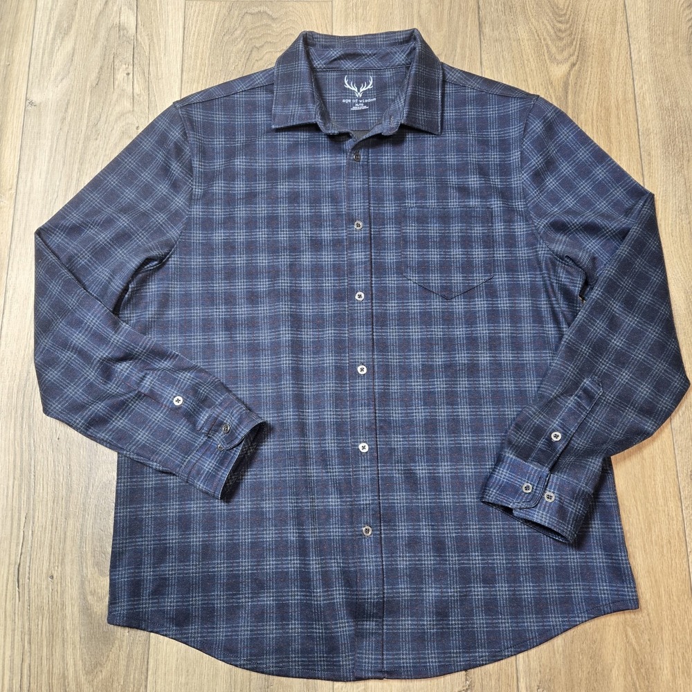 Age of Wisdom Plaid Button Down Shirt Long‎ Sleeve Plaid Dark Blue Size XL